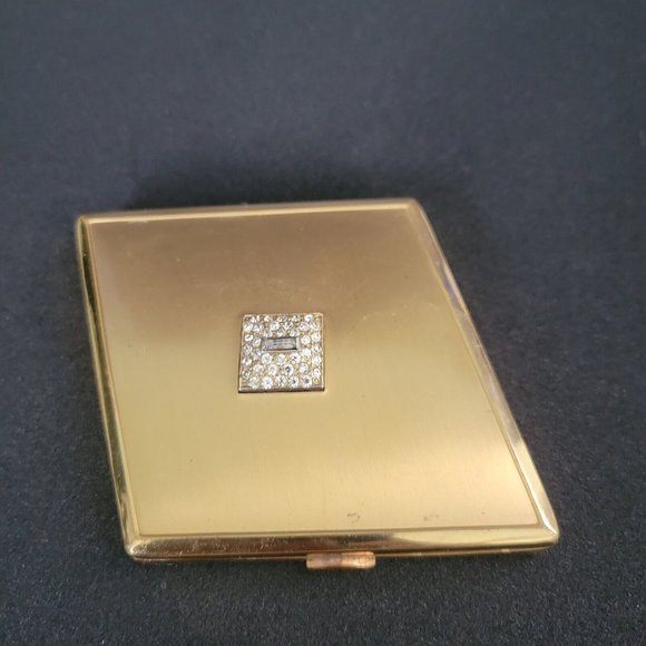 Women's Vintage Compact Makeup Mirror Jeweled Gold Hinged Folding 4" x 3" - Picture 1 of 9